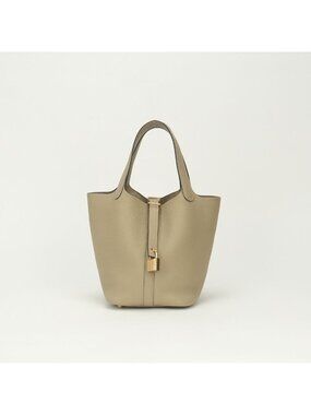 Hermes Picotin Lock MM 22 Tote Bag Taurillon Clemence Trench Beige Gold Handle